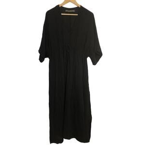 Enza Costa Dress Cotton Gauze Dolman Sleeve Drawstring Waist Midi Black Size 0